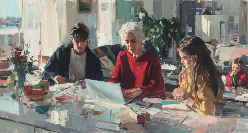 A grandmother watches children use a laptop at a kitchen table, with cards, books, and paper nearby to suggest family balance with AI in education.