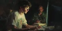 A mentor and young adult consider a glowing screen, representing AI ethics and human wisdom.