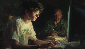 A mentor and young adult consider a glowing screen, representing AI ethics and human wisdom.