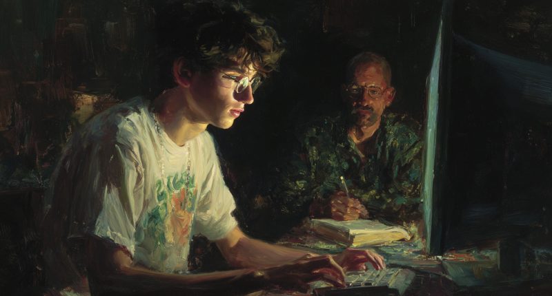 A mentor and young adult consider a glowing screen, representing AI ethics and human wisdom.