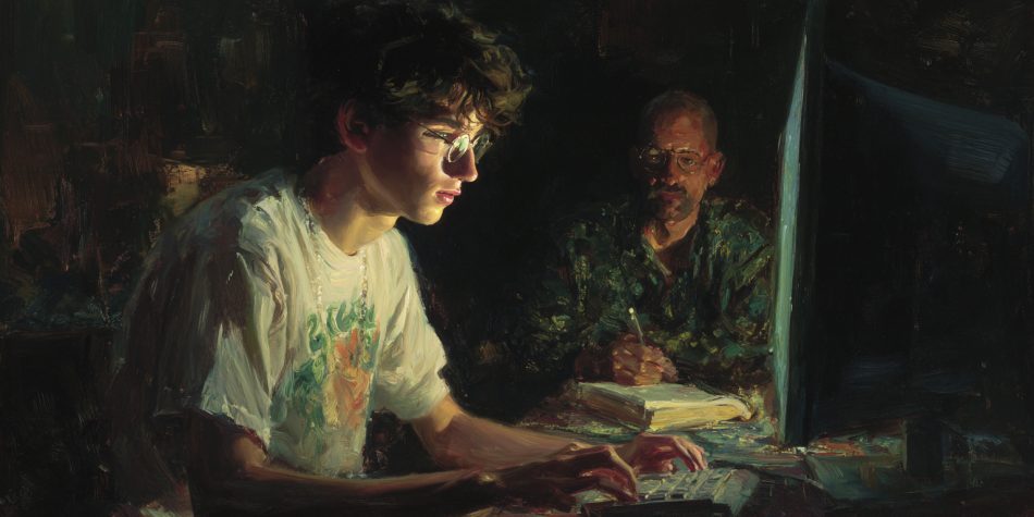 A mentor and young adult consider a glowing screen, representing AI ethics and human wisdom.