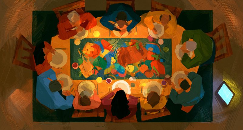 The impact of AI on relationships illustrated through a family gathered around a simple dinner table, sharing attention and presence.