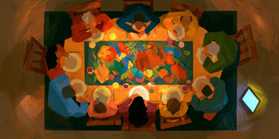 The impact of AI on relationships illustrated through a family gathered around a simple dinner table, sharing attention and presence.