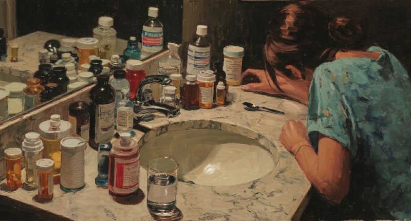 A woman leans over a crowded bathroom sink, illustrating the burden and secrecy of addiction.