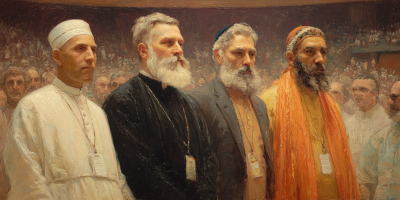 Religious leaders gather around a glowing laptop, illustrating global conversations about AI and religion.