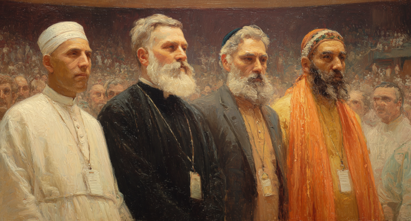 Religious leaders gather around a glowing laptop, illustrating global conversations about AI and religion.