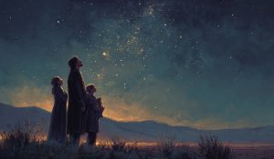 A family stands beneath a star-filled sky with distant mysterious lights, evoking aliens and religion through wonder, creation, and cosmic scale.