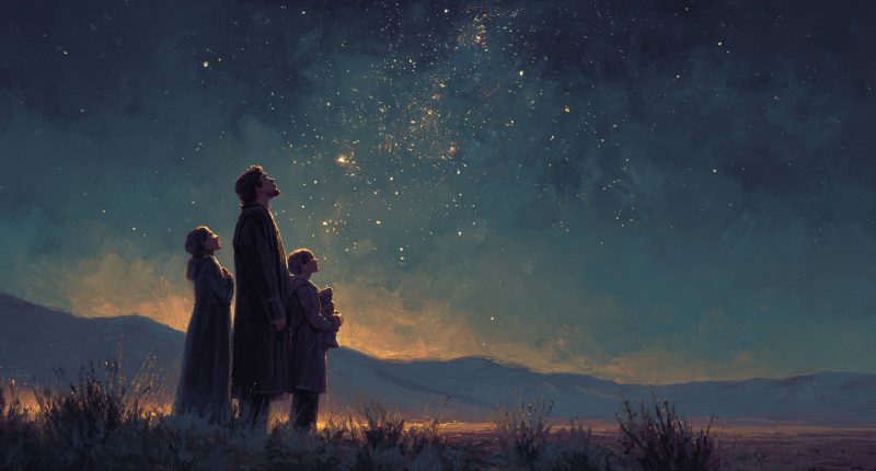 A family stands beneath a star-filled sky with distant mysterious lights, evoking aliens and religion through wonder, creation, and cosmic scale.