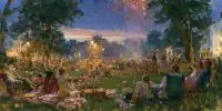 Families gather at a park to watch 4th of July fireworks celebrating America's founding.