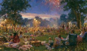 Families gather at a park to watch 4th of July fireworks celebrating America's founding.