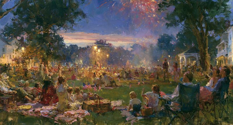 Families gather at a park to watch 4th of July fireworks celebrating America's founding.