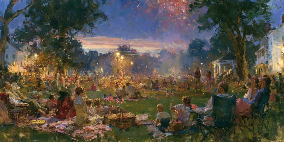 Families gather at a park to watch 4th of July fireworks celebrating America's founding.
