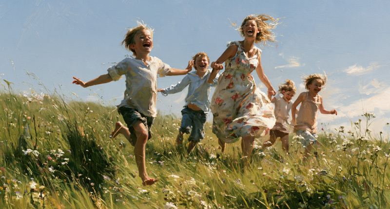 mother runs and plays with her children in a sunny field, illustrating the joy, vitality, and fulfillment of family life in a modern setting.