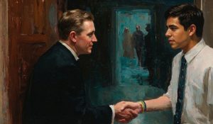 A church leader greets a young LGBT man with kindness in a chapel hallway, reflecting tensions surrounding David Archuleta’s Devout.