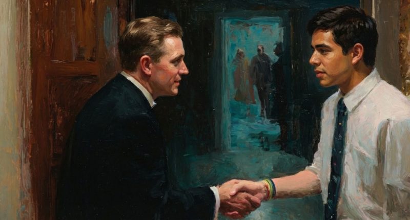 A church leader greets a young LGBT man with kindness in a chapel hallway, reflecting tensions surrounding David Archuleta’s Devout.