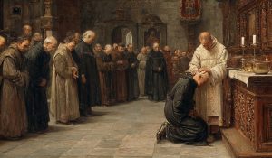 Medieval parishioners receive ashes on Ash Wednesday in a candlelit church.