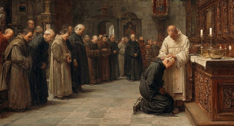 Medieval parishioners receive ashes on Ash Wednesday in a candlelit church.