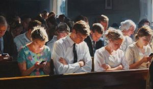 A family bows in prayer as nearby worshippers look at smartphones, showing how to be present in a distracted chapel.