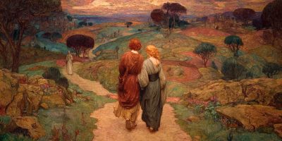 Adam and Eve walk toward a stranger in the distance. In the fallen world, Adam and Eve had to learn how to discern truth.