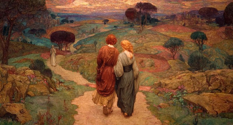 Adam and Eve walk toward a stranger in the distance. In the fallen world, Adam and Eve had to learn how to discern truth.