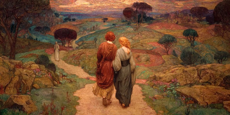 Adam and Eve walk toward a stranger in the distance. In the fallen world, Adam and Eve had to learn how to discern truth.