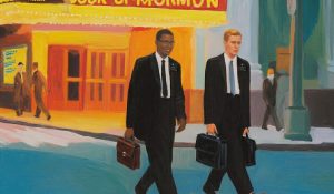 Two missionaries walk past a theater in New York, evoking the tension between service and the Book of Mormon musical.