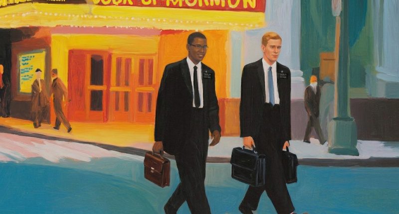 Two missionaries walk past a theater in New York, evoking the tension between service and the Book of Mormon musical.