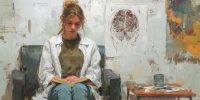 A thoughtful psychology student sitting in front of a brain diagram reads the Book of Mormon, contrasting Book of Mormon psychology to the trend of psychology today.