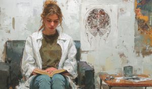 A thoughtful psychology student sitting in front of a brain diagram reads the Book of Mormon, contrasting Book of Mormon psychology to the trend of psychology today.