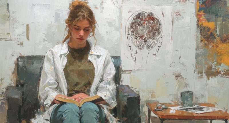 A thoughtful psychology student sitting in front of a brain diagram reads the Book of Mormon, contrasting Book of Mormon psychology to the trend of psychology today.