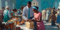 A couple in a church fellowship hall works together to sort donated items at a food drive. Strong Black families link faith and stewardship through anonymous giving and community service.