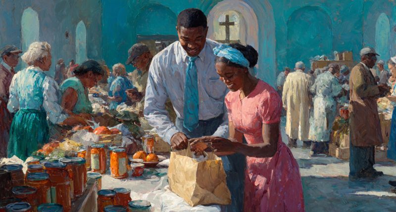 A couple in a church fellowship hall works together to sort donated items at a food drive. Strong Black families link faith and stewardship through anonymous giving and community service.