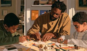 The blessings of parenthood are visible in a father teaching his sons through patient work, shared attention, and growing family bonds.
