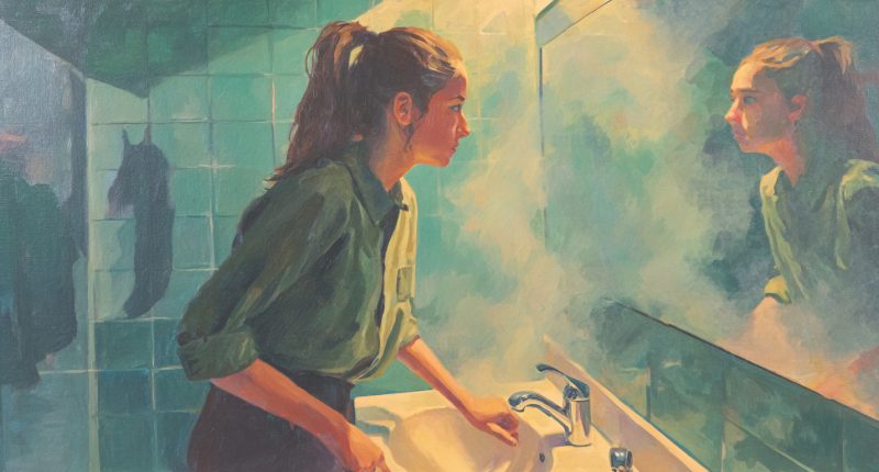 A woman faces body image anxiety in a church restroom.