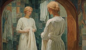 A woman faces her reflection, evoking questions of embodiment raised by body-self dualism.