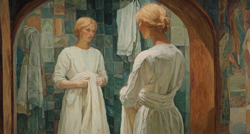 A woman faces her reflection, evoking questions of embodiment raised by body-self dualism.