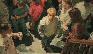 A young teen at a party surrounded by older teens drinking alcohol—reflecting Child sexual abuse risk factors Behavior Patterns tied to substance use and vulnerability.