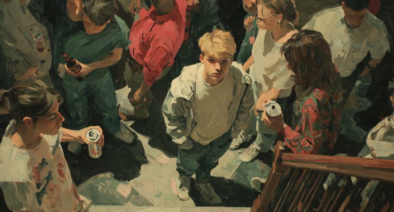 A young teen at a party surrounded by older teens drinking alcohol—reflecting Child sexual abuse risk factors Behavior Patterns tied to substance use and vulnerability.