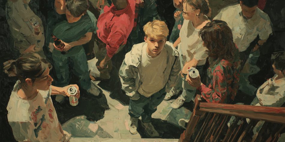 A young teen at a party surrounded by older teens drinking alcohol—reflecting Child sexual abuse risk factors Behavior Patterns tied to substance use and vulnerability.