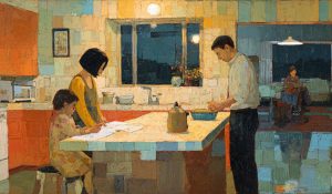 In a contemporary kitchen at dusk, a father prepares dinner while a mother helps a child with homework and a grandmother knits in the adjacent room. Daily caregiving and stable home routines represent protective factors for child sexual abuse through attentive bonds and presence.