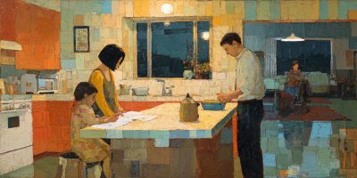 In a contemporary kitchen at dusk, a father prepares dinner while a mother helps a child with homework and a grandmother knits in the adjacent room. Daily caregiving and stable home routines represent protective factors for child sexual abuse through attentive bonds and presence.