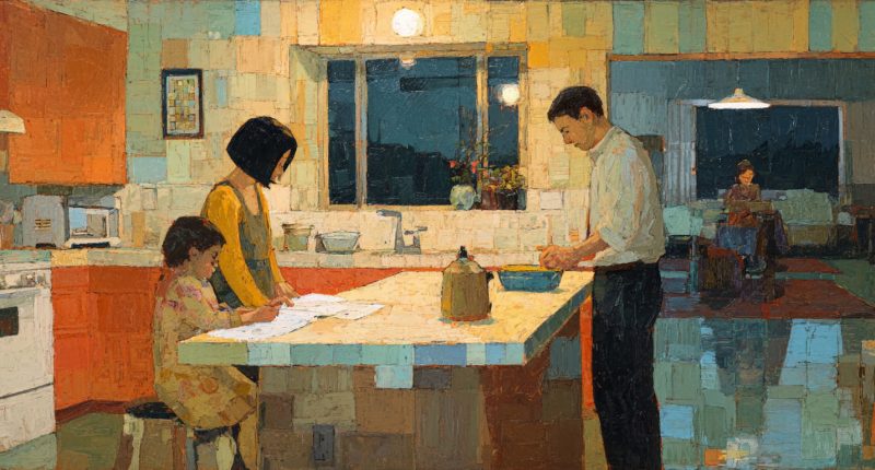 In a contemporary kitchen at dusk, a father prepares dinner while a mother helps a child with homework and a grandmother knits in the adjacent room. Daily caregiving and stable home routines represent protective factors for child sexual abuse through attentive bonds and presence.