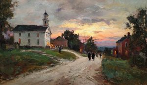 Townspeople choosing the meetinghouse over the courthouse reflect moral agency and voluntary faith.