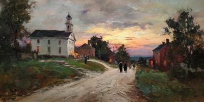 Townspeople choosing the meetinghouse over the courthouse reflect moral agency and voluntary faith.