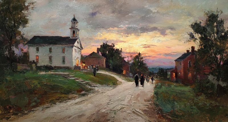 Townspeople choosing the meetinghouse over the courthouse reflect moral agency and voluntary faith.