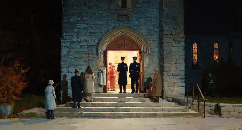 A church entryway at night with a few congregants pausing on the steps as uniformed officers stand nearby, their faces neutral, the doorway brightly lit against deep shadows. A guarded place of worship suggests canada freedom of expression and faith under legal uncertainty.