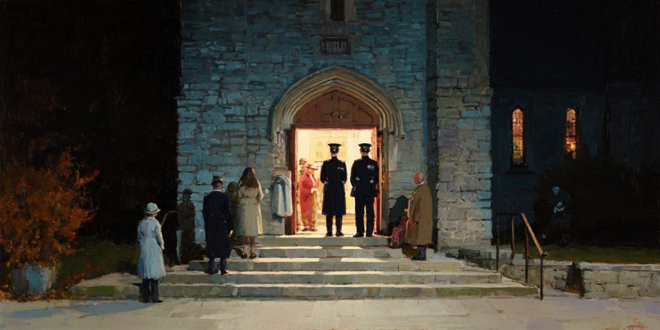 A church entryway at night with a few congregants pausing on the steps as uniformed officers stand nearby, their faces neutral, the doorway brightly lit against deep shadows. A guarded place of worship suggests canada freedom of expression and faith under legal uncertainty.
