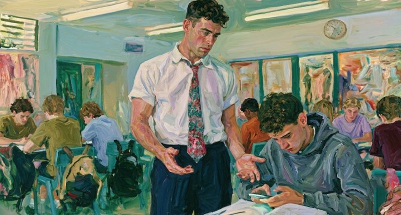 A classroom scene showing social media polarization and agency in a student’s digital habits.