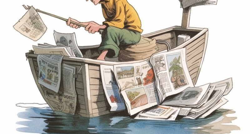 Sad Fisherman with Newspaper in His Boat | Media’s Lucrative Obsession with Latter-day Saints | Public Square Magazine | LDS Media | Mormon Media | Mormon Stereotypes