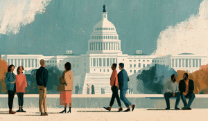 People interacting in front of the U.S. Capitol suggests how citizens defend the Constitution by a willingness to compromise.